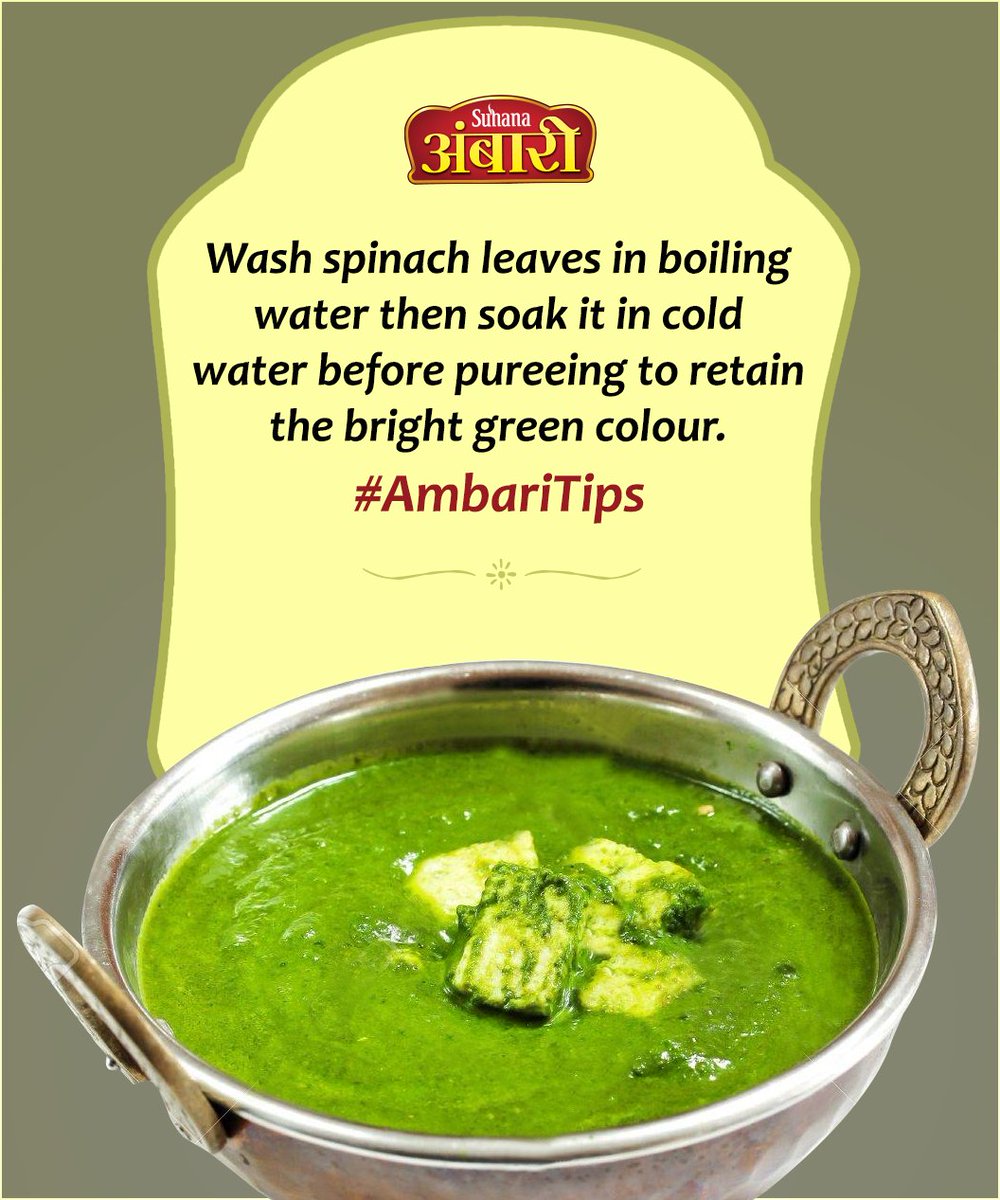 AmbariMasale's tweet photo. A helpful tip for making spinach based curries like palak paneer. 
#AmbariTips #GharoghariAmbari https://t.co/RXwZmeCc6x
