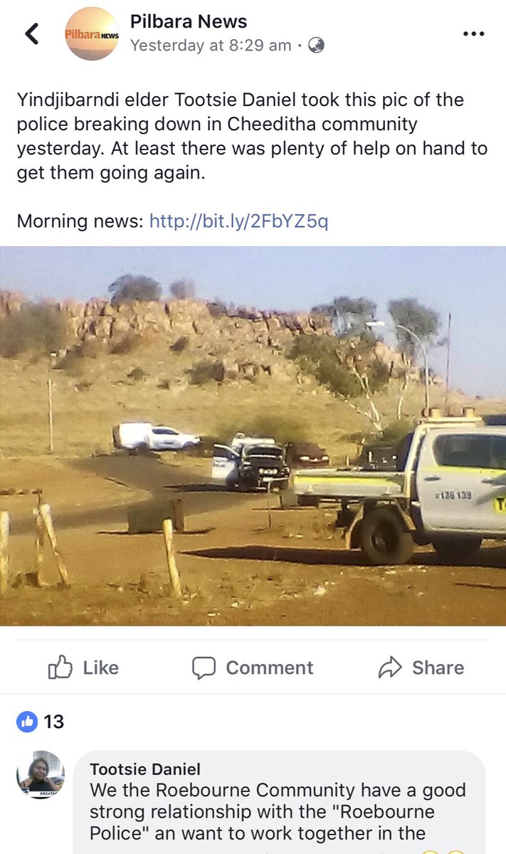RoebournePol's tweet image. In light of M8 (May 8) day, thanks to the Roebourne Cheeditha Community for helping out the Sarge on Sunday!! Flat battery - no worries! #PushStart #JumperLeads #ThankYou #WhatAreMatesFor @PilbaraNews #Fb