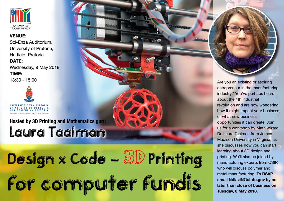 SciEnzaCentre's tweet image. FREE PUBLIC TALK at Sci-Enza, Dr Laura Taalman aka @mathgrrl discussing how you can start learning about #3Ddesign and printing. 
Wed 9th May, 13.30-15:00, @UPTuks Hatfield Campus
