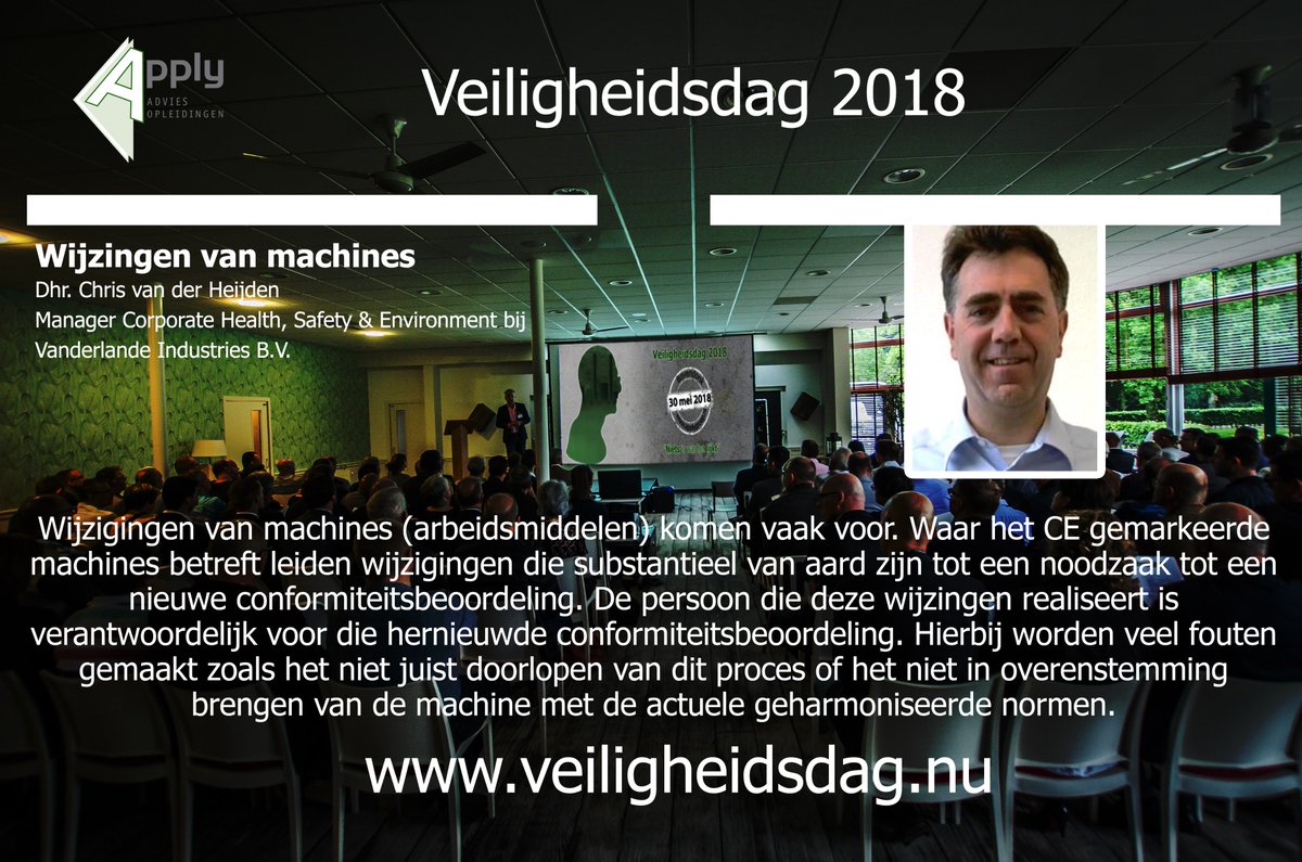 Apply_Groep's tweet photo. Wijzigingen van machines: de presentatie van Chris van der Heijden is erop gericht om u bekend te maken met de eisen vanuit de wet, het proces van conformiteitsbeoordeling- en handigheidjes om het proces beheersbaar te houden.

Kijk voor meer informatie op https://t.co/FjIE6ha5s4 https://t.co/eJgNSfJsXF