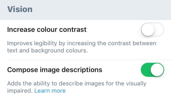 Screenshot of Settings on iPhone. Text reads 'Vision. Increase colour contrast. Improves legibility by increasing the contrast between text and background colours. Compose image descriptions. Add the ability to describe images for the visually impaired. Learn more (written in blue) to the right of the text are two buttons which can be toggled on or off.