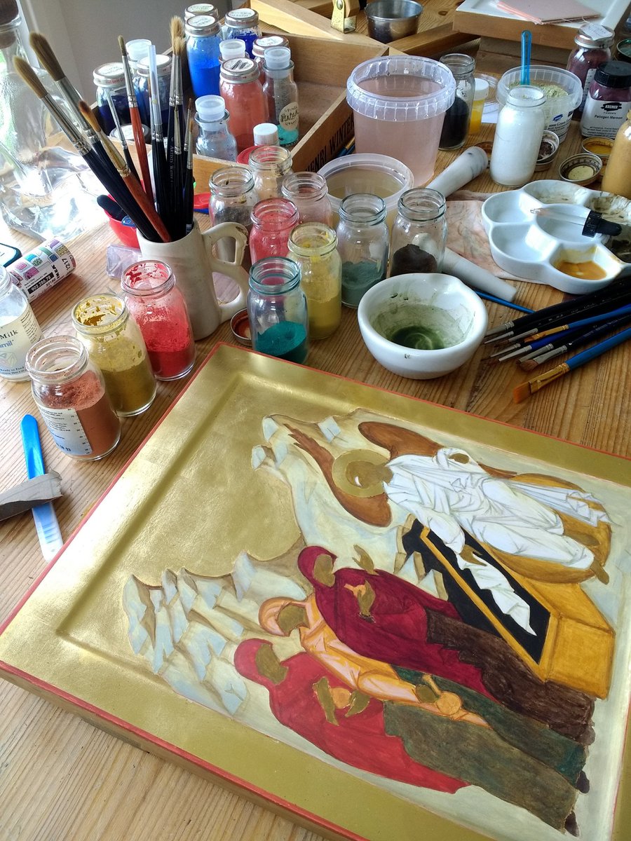 BearFlatArtists's tweet photo. Tamara Penwell is in her garden #studio #painting #traditional #Christian #sacredimages – icons using #eggtempera for #bearflatartists #openstudios where she'll also be showing #doublereverse #mosaics made using #handcut #marble and #smalti @BathWeekend @CreativeBath @BathEcho https://t.co/GypU0zVK3S