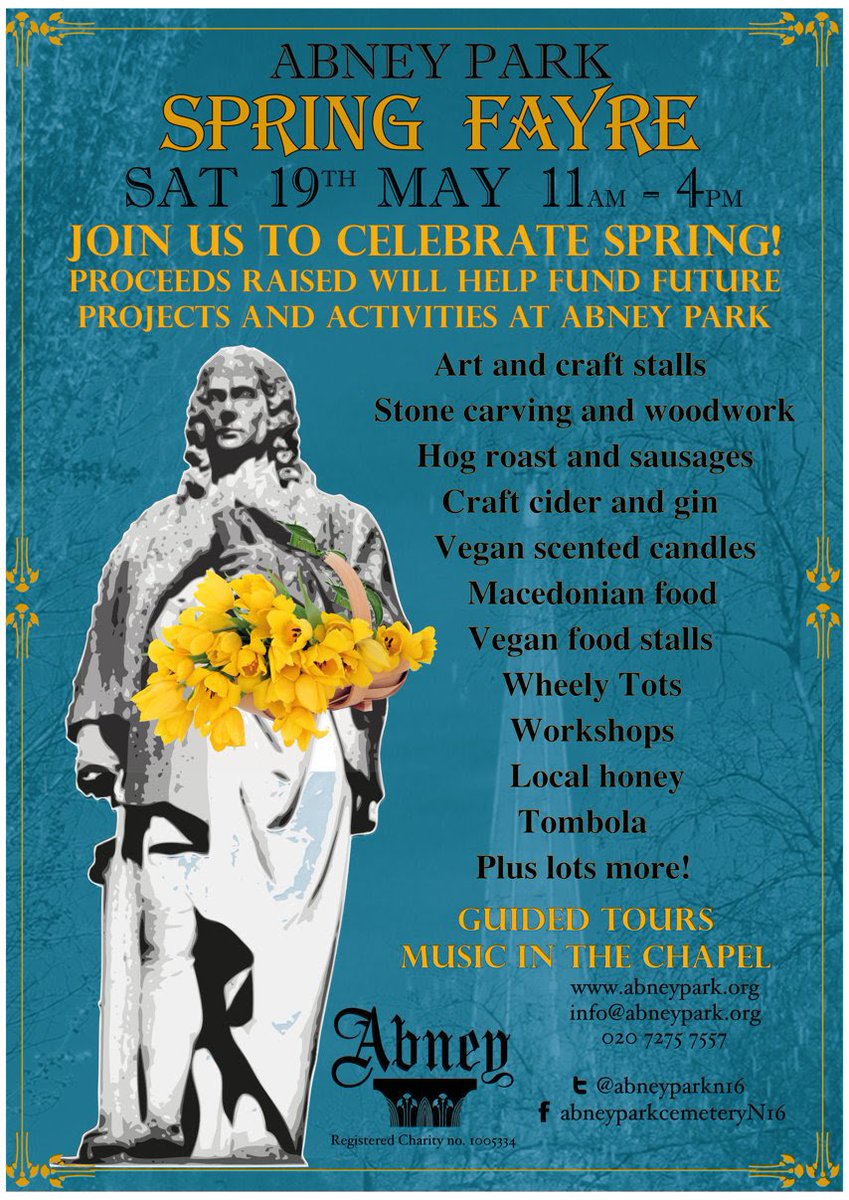 Abney Park Cemetery #SpringFayre coming up soon! Music! Craft cider &amp; local gin! Wood &amp; stone carving workshops! Vegan food stalls! <a href="/AbneyParkN16/">Abney Park Trust</a> #victoriangardencemetery #stokenewington #taphophile #abneypark ☠️🌻☠️🌺☠️🌹☠️💐☠️