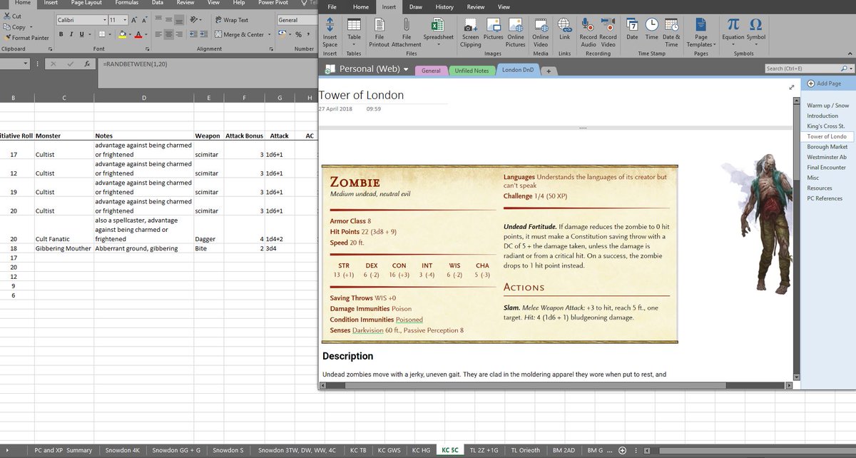 Howeandwhy's tweet photo. The madness continues...I've now got a spreadsheet with stats, initiative, etc for 16 individual encounters, which will take place over 7 irl locations, featuring I'm not sure how many monsters. Someone stop me... 

I blame @CriticalRole 

#dnd5e #firsttimeDM #Critters https://t.co/apikYtNu0v