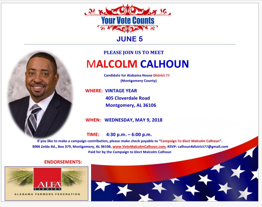 malcolm4house77's tweet photo. A friendly reminder of my Meet and Greet tomorrow! Hope to see you there! #calhoun4district77 #alpolitics https://t.co/Q7Kf98yvGv