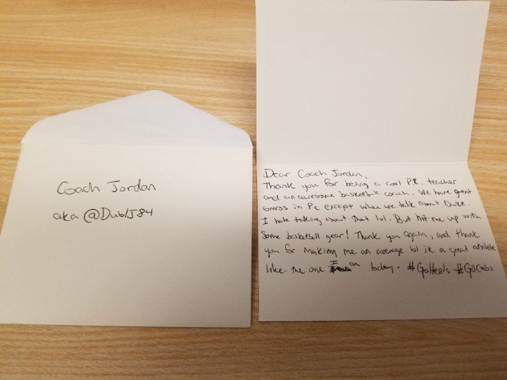 DublJ84's tweet photo. Always love getting a card during Teacher Appreciation week from a student even if they are a fan of that other team from Carolina @TWebb_35 . Reminds me of why I love my job! #BleedDukeBlue #AgreeOnCubs #ThankYou #TeacherAppreciationWeek https://t.co/WJmtjbdIQV