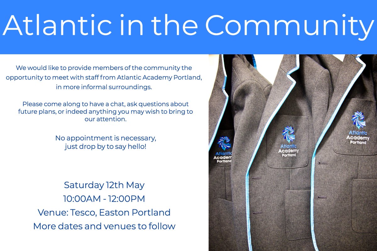 Atlantic will be in the community on Saturday 12th May 2018 at Tescos Easton Portland from 10am till noon, why not pop down and say hello. 
<a href="/Dorsetecho/">Dorset Echo</a> @WessexFM @AIR1072 <a href="/WPBCouncil/">Weymouth & Portland</a> <a href="/ICA_PortlandUK/">ICA Portland UK</a> <a href="/kathy4portland/">Kathy Garcia</a> <a href="/gemspearing/">Gemma Spearing</a> <a href="/DebbieLindoe/">Debbie Lindoe:)</a>