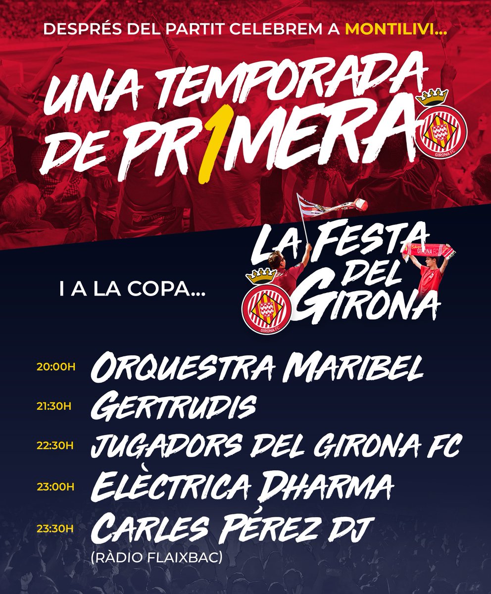 Aquest dissabte viurem un final de temporada a l'alçada del que aquest equip i afició es mereixen! 🤩

Montilivi viurà l'acte de cloenda i la Festa del Girona continuarà a La Copa.

👉 + info gironafc.cat/noticia/montil… …

#GironaFC #OrgullGironí