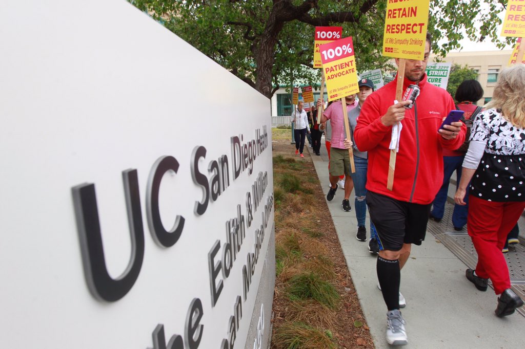 JohnGibbinsEXUT's tweet photo. Day 2 of #AFSCME3299 strike at UCSD Jacobs Medical Center in La Jolla CA had hundreds of hospital workers on picket lines w/ nurses &amp; professional staff joining to support them. #Strike4Equality #CNA #UCstrike https://t.co/sclxsFL47E