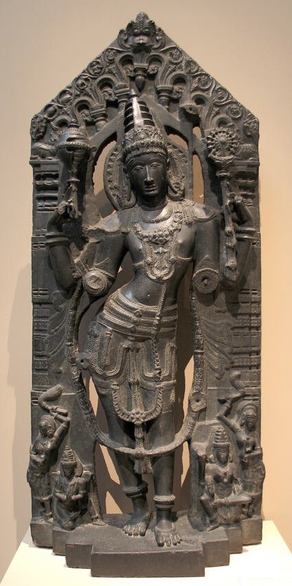 A 900 year old Kakatiya era Maha Vishnu carved out of black stone, belonging to modern day Andhra, now being held at the metropolitan museum in new york. Extensive damage probably occurred during islamic invasion into Orugallu lead by eunuch malik kafur.  https://www.metmuseum.org/art/collection/search/38143