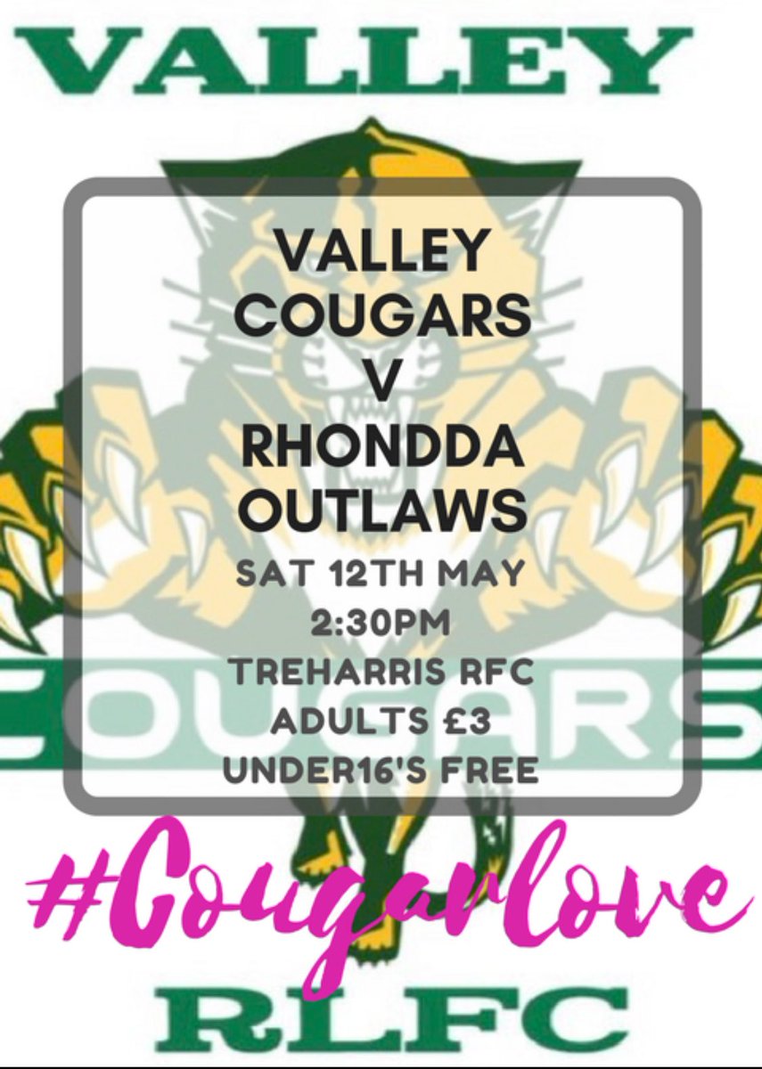First league game of the season this week sees us entertain our local rivals <a href="/Rhonddaoutlaws/">Rhondda Outlaws RL</a> up <a href="/TrePhoenixSnrs/">TreharrisPhoenix</a> Big local derby to start the season come and support the boys in what is sure to be a very entertaining game #cougarlove <a href="/WalesRugbyL/">Wales Rugby League</a>