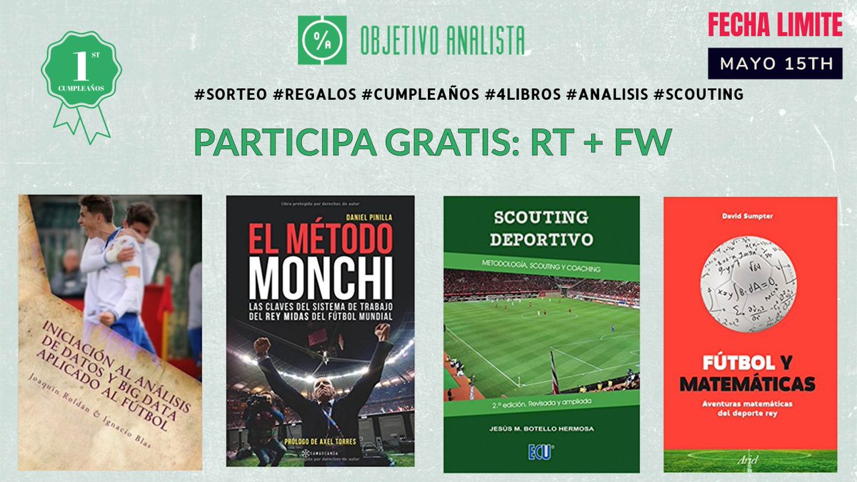 Objetivo Analista (@objetivoanalist) on Twitter photo El 15/05 <a href="/ObjetivoAnalist/">Objetivo Analista</a> cumple un año de vida!!! Para celebrarlo, sorteamos 4 libros de #analisis y #scouting. Participa gratis haciendo TR + FW !! #FELIZCUMPLEAÑOS El 15/05 <a href="/ObjetivoAnalist/">Objetivo Analista</a> cumple un año de vida!!! Para celebrarlo, sorteamos 4 libros de #analisis y #scouting. Participa gratis haciendo TR + FW !! #FELIZCUMPLEAÑOS