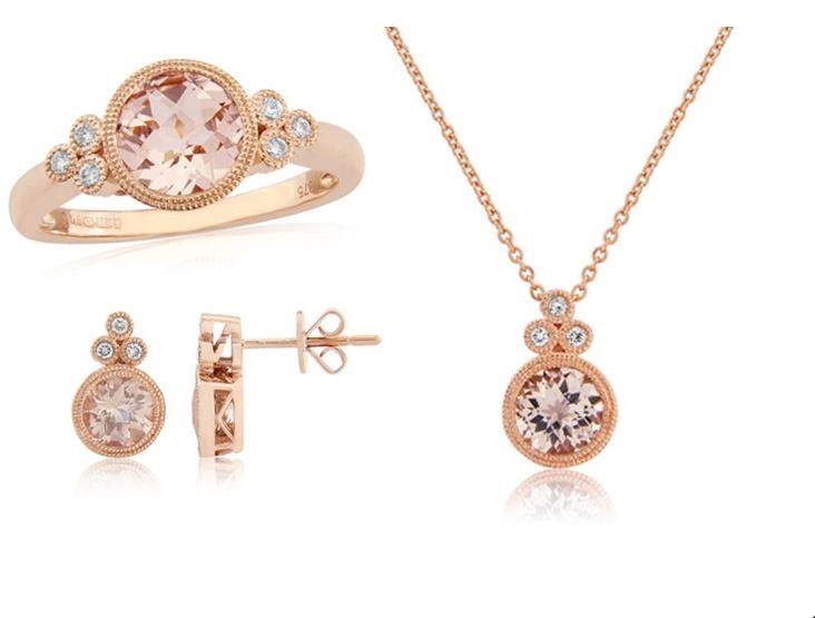 Morganite is a delicately coloured semi-precious stone. Here it's surrounded with sparkling Diamonds &amp; set into Rose Gold to create a beautiful &amp; affordable capsule collection. We love this unusual pale pastel gem &amp; we think you will too! forumjewellers.co.uk #jewellery