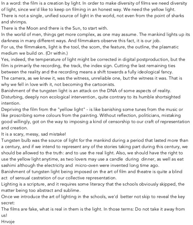 "The film is a creation by light. In order to make diversity of films we need diversity of light. We need the yellow light."
filmdirectors.eu/in-a-word/
FERA board member Hrvoje Hribar shares his thoughts on <a href="/EU_Commission/">European Commission</a> Ecodesign&amp;Energy Labelling - @EUDIRECTORS, what do YOU think?