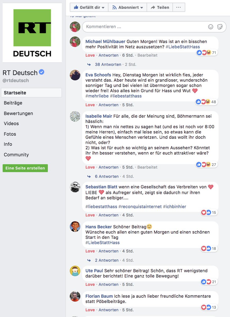 GG_Art_1_Abs_1's tweet photo. Ein toller Beweis dafür, dass nicht mal auf @RT_Deutsch der Hass in der Mehrheit sein muss <3 

(Link: https://t.co/ZzGMRRYBq9) 

#LiebeStattHass #ReconquistaInternet #FaktenStattHass #EinBisschenFrieden #DefendEurope https://t.co/H6NY3meukk