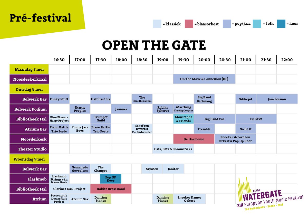 KCAtrium's tweet image. Om 16.30 uur gaan we verder met Open the Gate, het pre-festival van @atthewatergate! Plan jouw route met het BLOKKENSCHEMA. #sneek #swf #LF2018 #EYMF