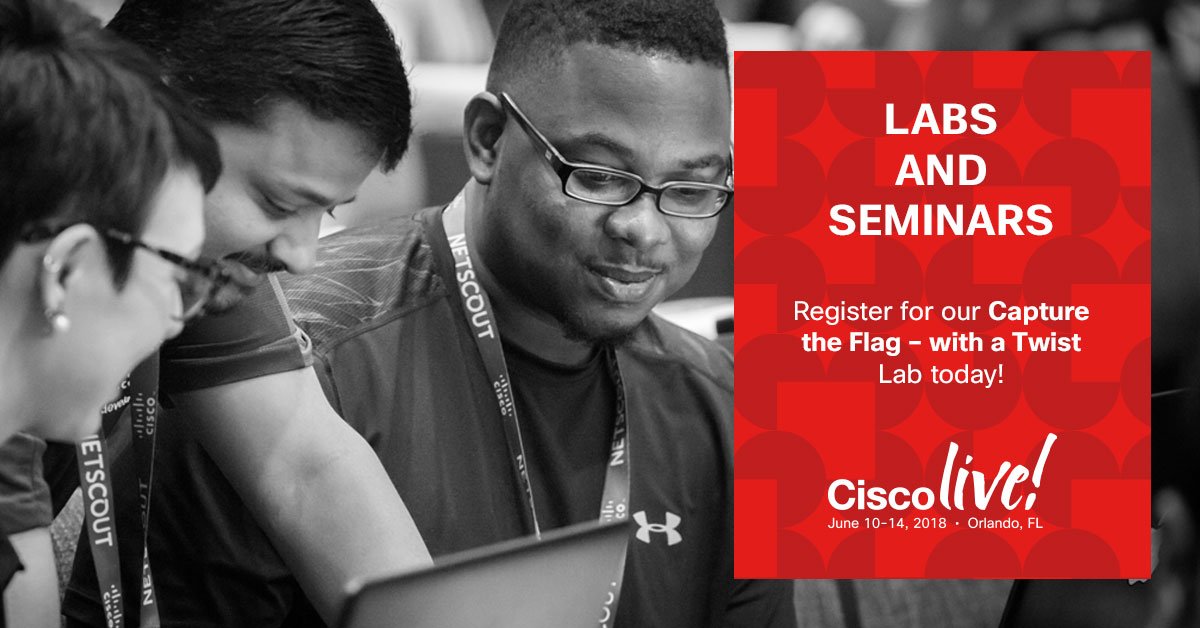 ankanani's tweet photo. Join us in #CLUS Orlando for our Capture The Flag game. Play as Red Team- try to penetrate into networks followed by Blue Team roleplay with breach detection and investigation. Register now for Capture The Flag - with a TWIST! https://t.co/USlvrZqT4N #ciscosecurityctf https://t.co/BpgeO9tZ2c