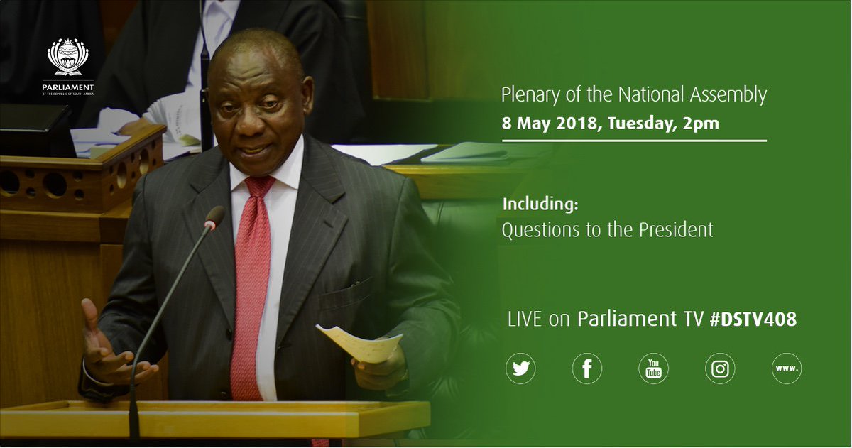 ParliamentofRSA's tweet photo. Live now, Questions to the President in the National Assembly #RamaphosaQandA. 
Watch on Parliament TV #DSTV408 or via YouTube https://t.co/jLPXvXiKFl
Follow link to see questions: https://t.co/a4Ft2Ve2s4 https://t.co/mU38UDgfrJ