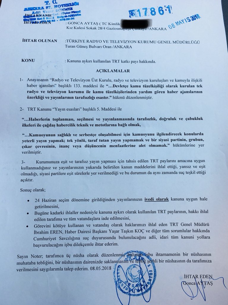 Muharrem İnce’nin mitinglerini yayınlamayan TRT’ye, seçimde adil ve tarafsız yayın yapması konusunda ihtarname gönderdim! Aksi halde suç duyurusunda bulunup katkı paylarımın iadesi için dava açacağım 
TRT, AKP’nin seçim propaganda aracı değildir!