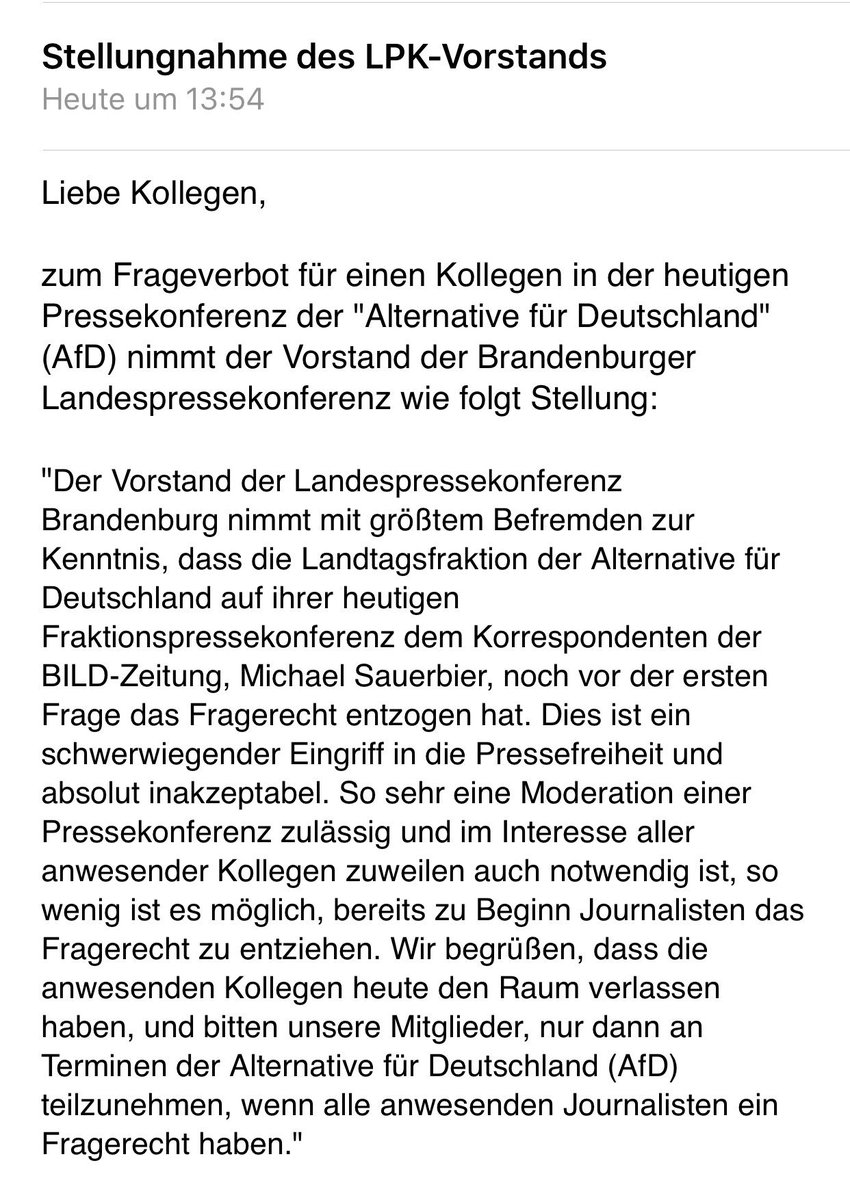 "Schwerwiegender Eingriff in die #Pressefreiheit."

Stellungnahme der Landespressekonferenz #Brandenburg zum Verhalten der AfD-Landtagsfraktion gegen <a href="/Micha_BILD/">Michael Sauerbier</a> und Entzug des Fragerechts
