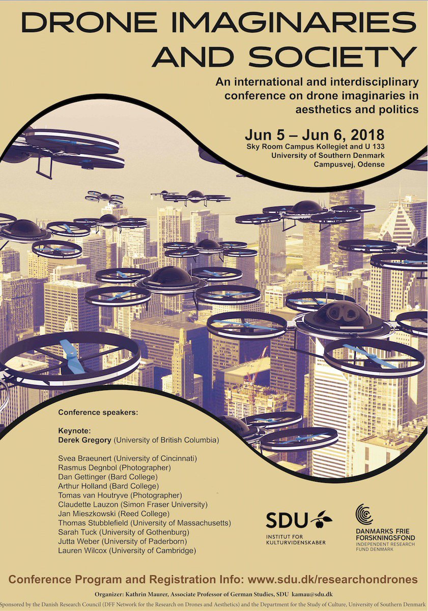Come to our conference on Drone Imaginaries and Society, June 5-6 in Odense - it will be fun! - @SyddanskUniv, Sky Room (Odense Campus College). Keynote: Derek Gregory, More info and registration here: goo.gl/dcnn9d #drones #UAV #UAVdenmark #droneresearch #dkpol #dkuav