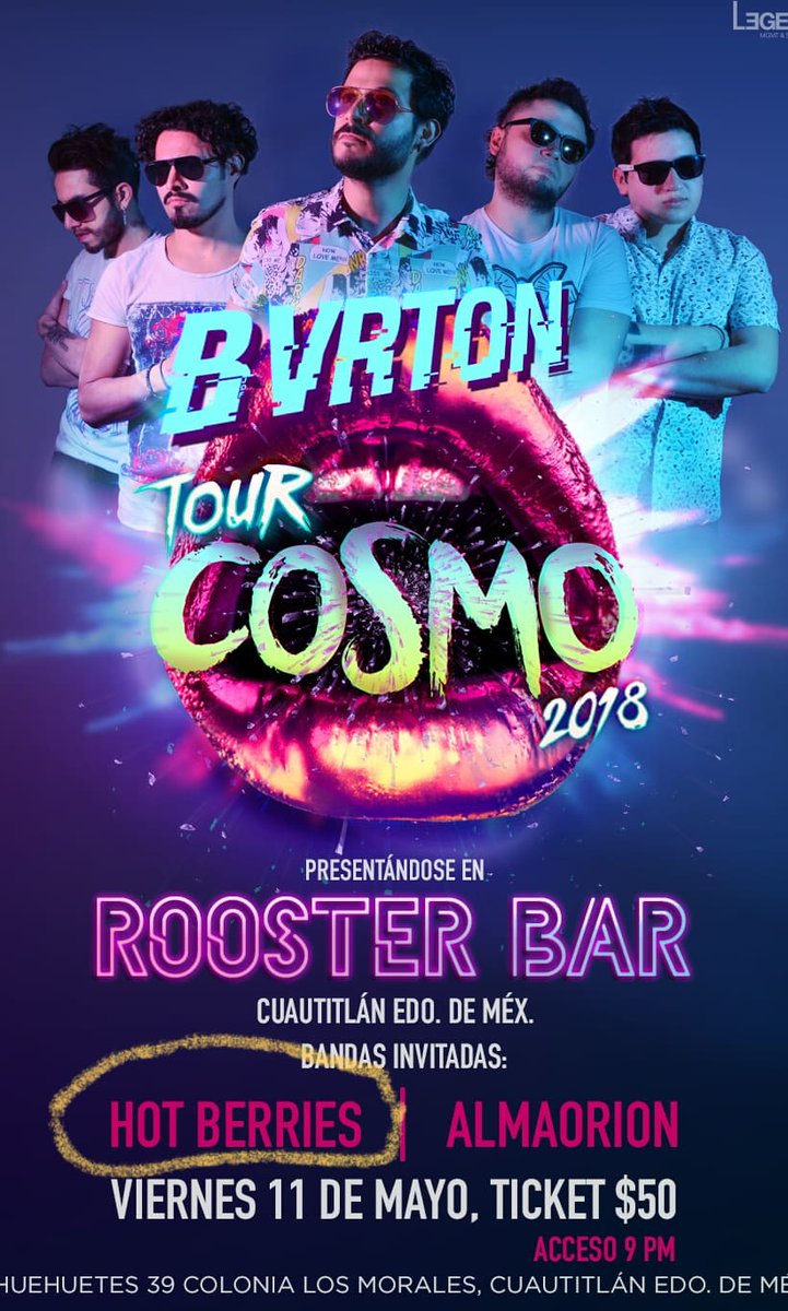 Este Viernes 11 de Mayo <a href="/TheHotBerries/">Hot Berries 🔥 🍒</a> en <a href="/WingsRooster/">WingsROOSTER</a> como parte del Tour de <a href="/bvrtonmx/">BVRTON</a>
2018

Los esperamos 9pm!! 
Dirección ahuehuetes 39 Colonia Los Morales, Cuautitlán EdoMx