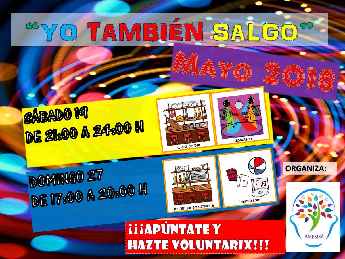 AMEMSASALUD's tweet photo. El proyecto #yotambiensalgo ya tiene fechas para el mes de mayo. Sábado 19 y Domingo 27. 

#ocioinclusivo #normalización #autogestión #autonomía https://t.co/Q7TO9RUOhI