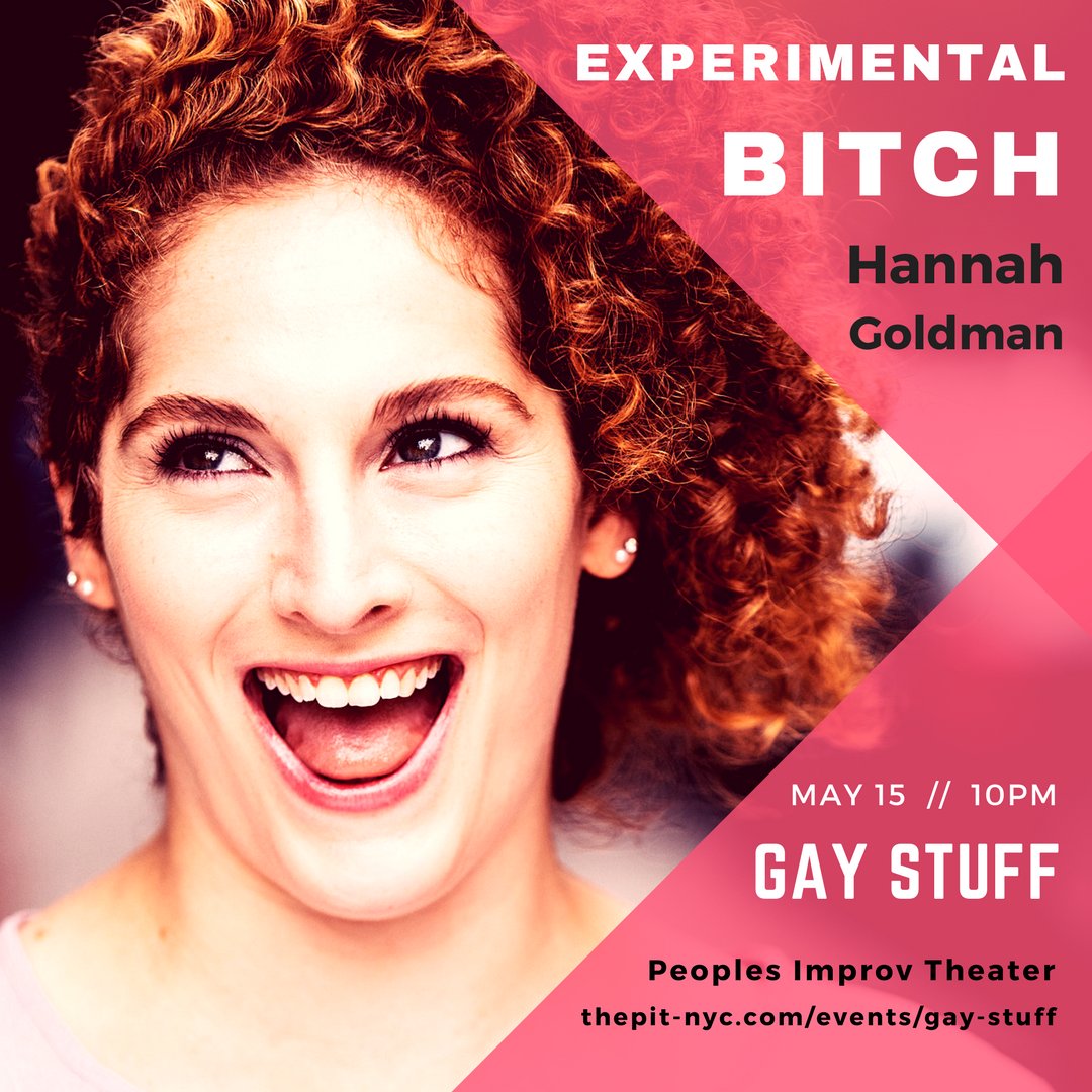 jamiebenson's tweet image. MEET THE TEAM: Experimental Bitch, @imhannahgoldman, will introduce a #nycstandup set &amp;amp; sketch "Safe Space" exhibiting bro culture as both endangered &amp;amp; #homoerotic- performed entirely by women. SEE IT LIVE in #GayStuff at @thepitnyc on #May15th, 10pm. TIX: thepit-nyc.com/events/gay-stu…