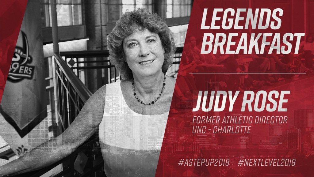 AStepUpFHA's tweet image. ✨LEGENDS BREAKFAST✨

Judy Rose:
• 28 years as @Charlotte49ers AD
• Third woman to lead an NCAA DI athletics program
• First woman to serve on the NCAA DI MBB committee
• Oversaw the construction of over $100M worth of athletic facilities

#AStepUp2018 #NextLevel2018