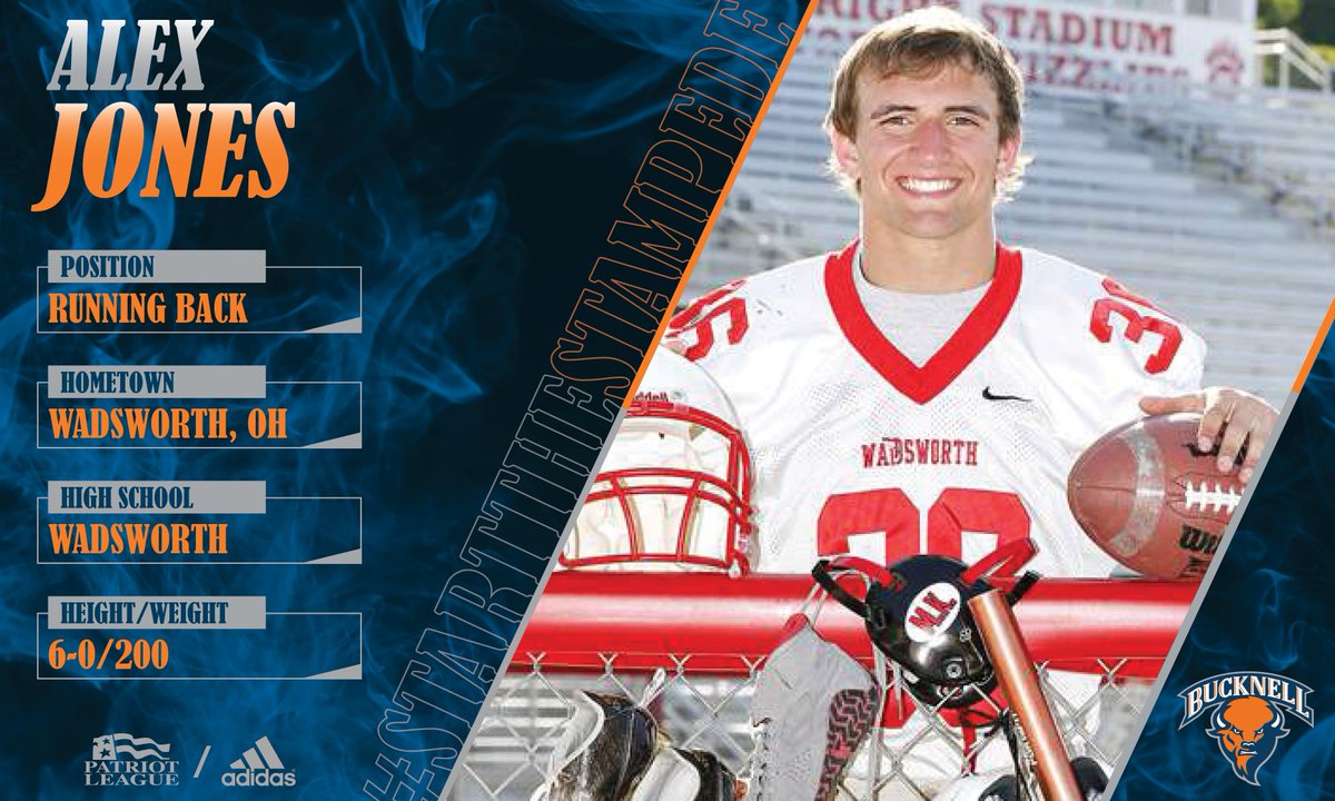 Bucknell_FB's tweet photo. Gritty running back Alex Jones (@AlexJones160) has joined our herd out of Wadsworth High School/Taft School! #StartTheStampede #rayBucknell #NSD18 https://t.co/NzloDUgBIw