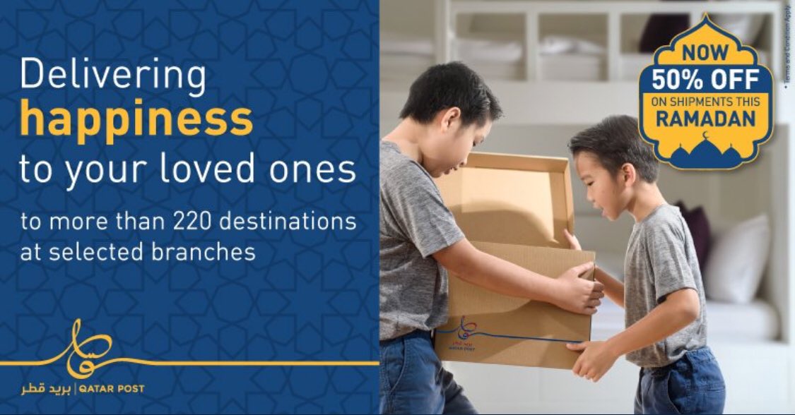 QATAR_POST's tweet photo. Bring the smile to your loved ones this Ramadan!
Send them a gift with our special rates of 50% OFF!
Visit any of our selected branches nearby you to send the shipment 📦
#GlobalPriority #FromQatar #ToMoreThan220Countries #UK #USA #Asia #Africa #India #Philippines https://t.co/2bFNwJfv3w