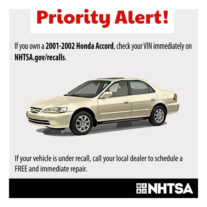 nhtsagov on X: "If you own a 2001-2002 Honda Accord, check your VIN now on  https://t.co/bQRLdONPXq. #CheckForRecalls https://t.co/GADkPATl3T" / X