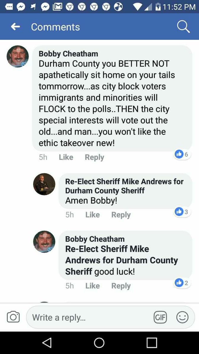 sweatyhabibti's tweet photo. Here's Mike Andrews, the incumbent sheriff candidate in Durham County, agreeing with a racist voter preaching about the "ethnic takeover" of a county with large Black, Latinx and immigrant populations #ncpol #ncprimaries https://t.co/dPpzRSKozD