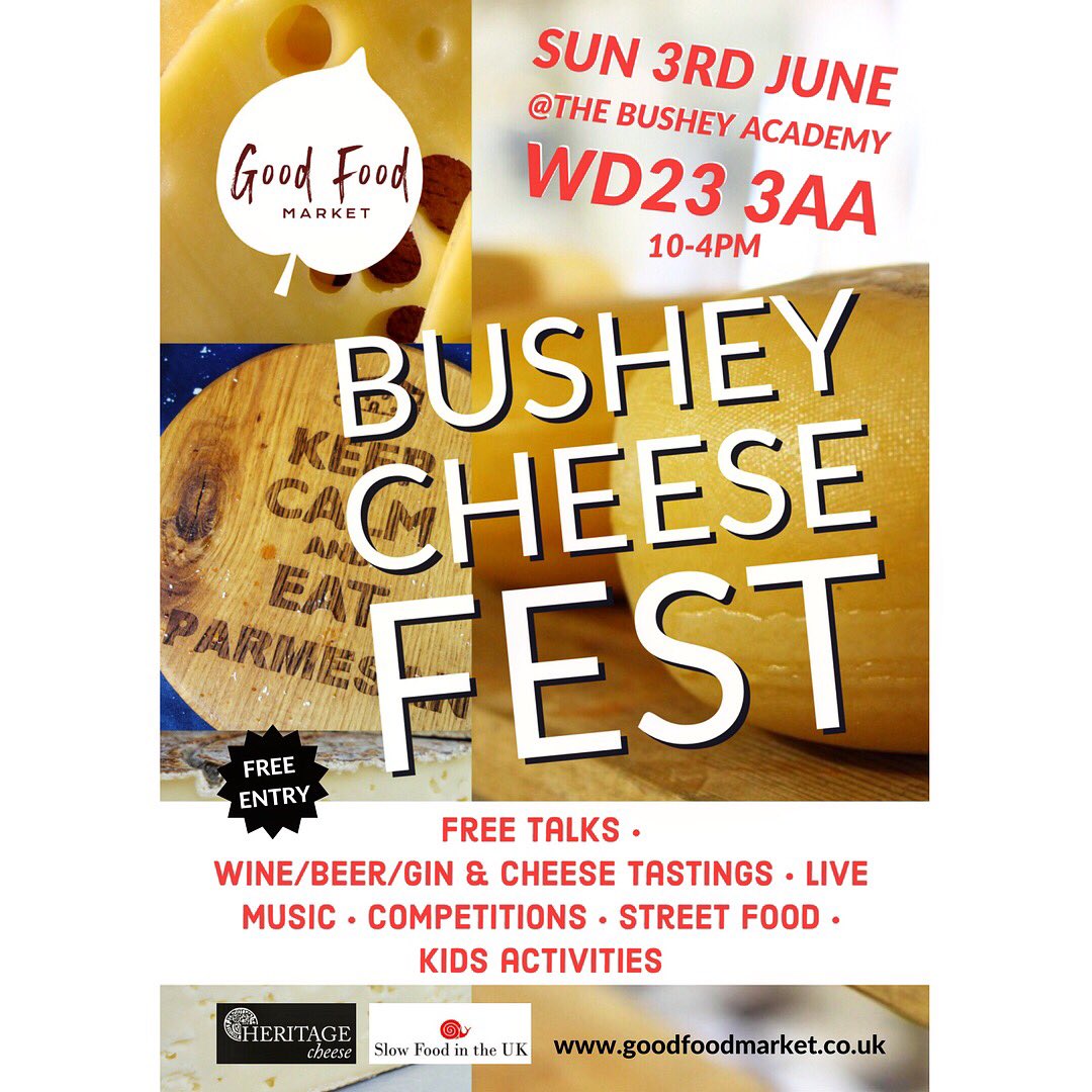 SAVE THE DATE ‼️
BUSHEY CHEESE FEST on Sunday 3rd June ! 
Cheese makers , Gin/Whiskey/Cider and wine tastings paired with a wide selection of international cheeses, Butter making for kids, Talks , Live music, Bars , Street Food
Register on our website  goodfoodmarket.co.uk