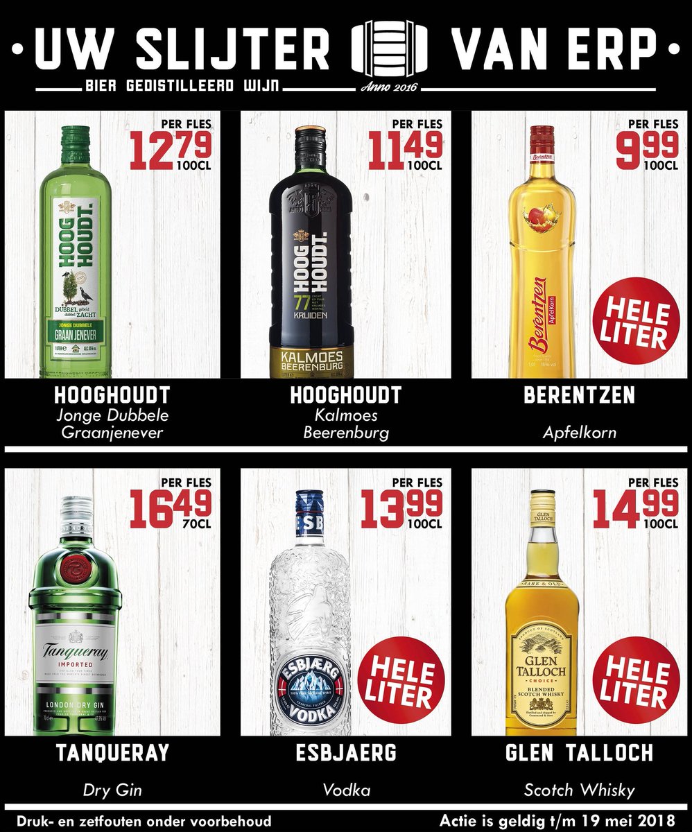 *Zonnige aanbiedingen*

-#Hooghoudt Dubbel Graan #Jenever en #Kalmoes #Beerenburg
-#Berentzen #Apfelkorn
-#Tanqueray #Gin 
-#Esbjaerg #Vodka
-#Glen #Talloch

#UwSlijter #Groningen #Roden