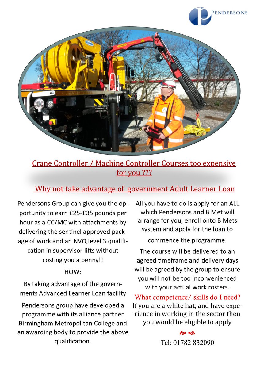 Pendersons's tweet photo. Free Machine Controller/Crane Controller courses available. Telephone 01782 832090 #Pendersons #Railways #freeupskill #machinecontroller #cranecontroller #freefundedcourse #www.pendersons.com #fundedrailwayupskill https://t.co/i5G438FwLb