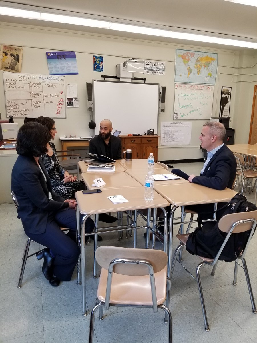 DigitalTechHS's tweet photo. Principal for a Day Mike Doyle meets with DT's art directors and Ms. Meconi to discuss our talented students #pfad2018 #digitaltechhs @pencilorg https://t.co/geY933i89f