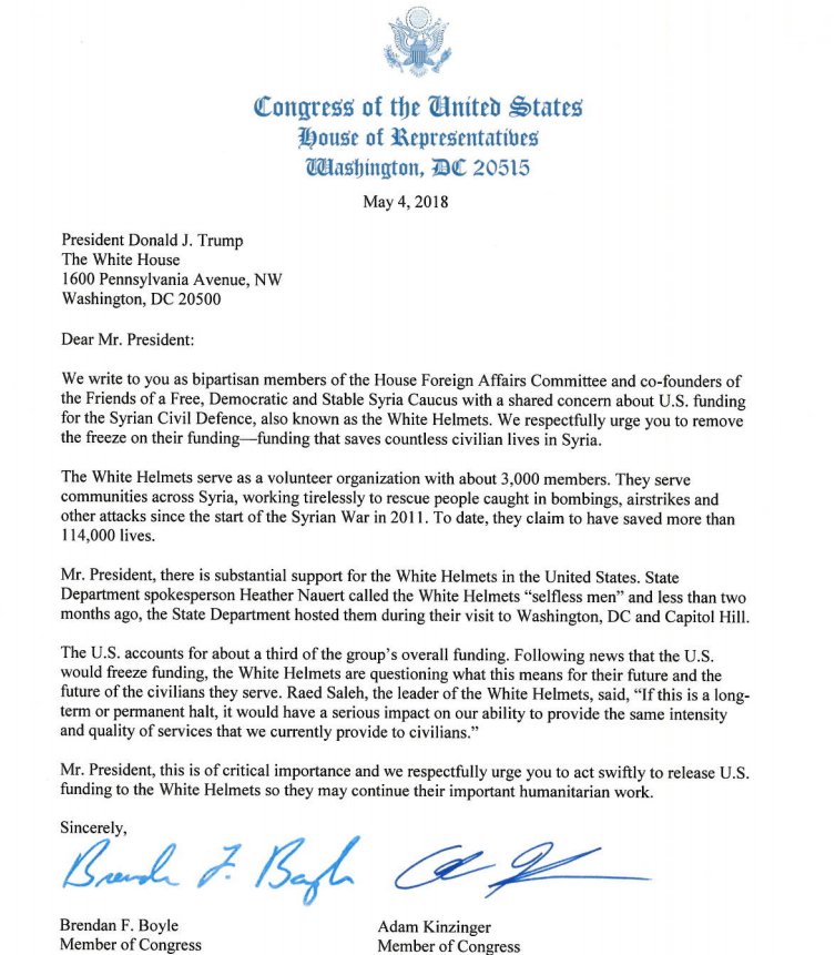 sa_council's tweet image. Thank you @RepKinzinger &amp;amp; @CongBoyle for writing to @realDonaldTrump urging him and the Administration to reconsider their decision to freeze funding to the White Helmets (@SyriaCivilDef) in #Syria. kinzinger.house.gov/news/documents…