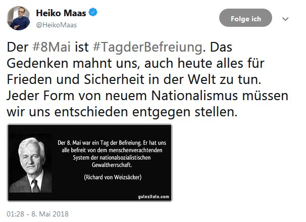 TS_Quint's tweet photo. Das Gedenken mahnt uns, auch heute alles für Meinungsfreiheit und gegen Zensur in der Welt zu tun. Jeder Form von Meinungsdiktatur müssen wir uns  entschieden entgegen stellen.

PS: Wann werden wir von Heiko Maas und seinem demokratiefeindlichem #NetzDG befreit? #TagderBefreiung https://t.co/rB5vPv44Gd