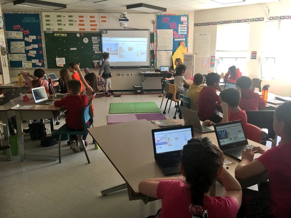 MrsDorsey_ocsb's tweet photo. Lucky enough to have @Roachbrianne teaching us all about @scratch this morning! ☀️💻 we are coding our names using colour, sounds, design and even some geometric location language! #technology #CathEdWeek #SJAndpl https://t.co/lKga93QUHJ