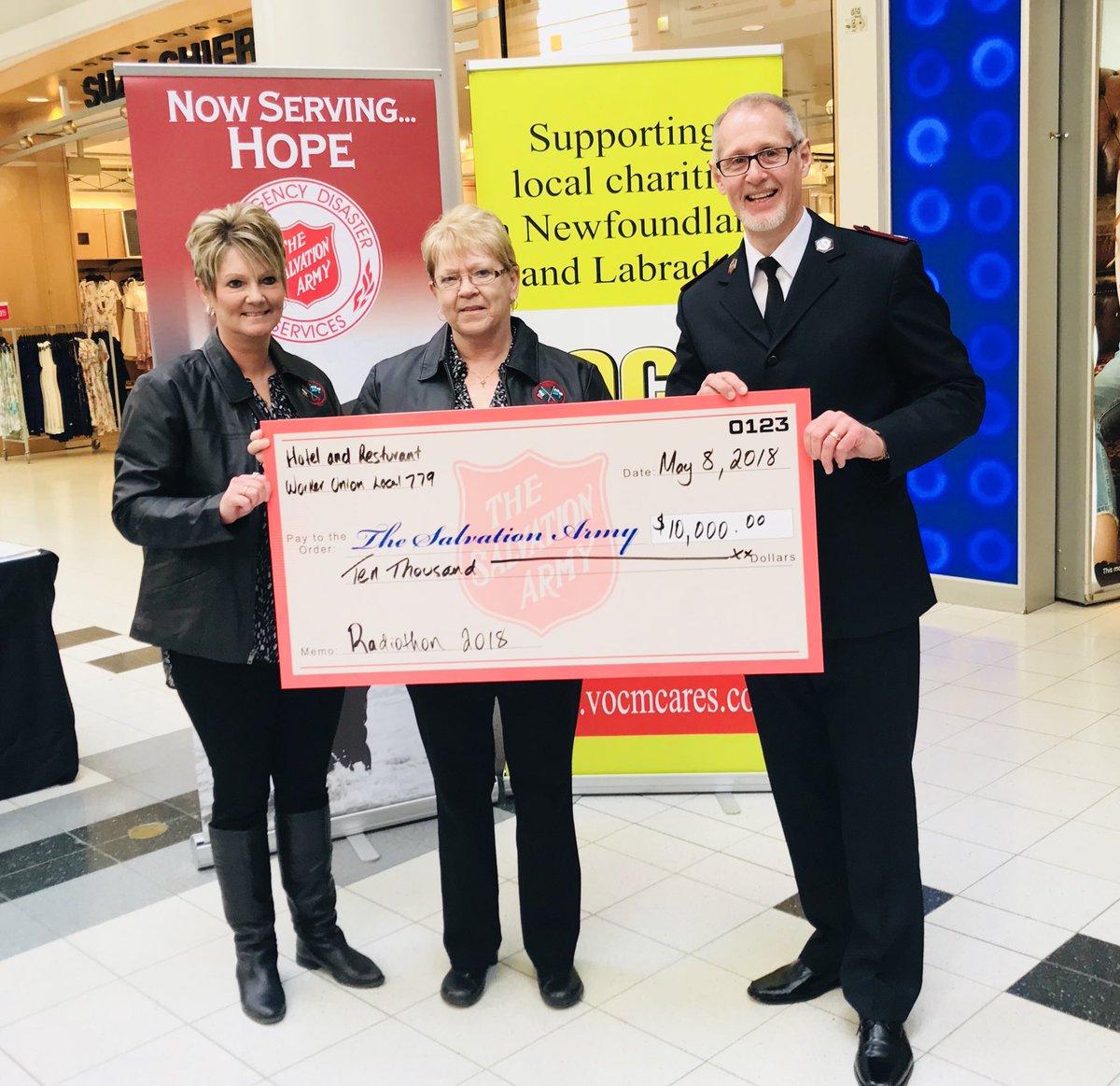SalvationArmyNL's tweet photo. Just received an incredible donation of $10,000 from the Hotel and Resturant Workers Union Local 779. We deeply appreciate your support! #SANLRadiothon #NLHopes https://t.co/qWCLoQ7TvQ