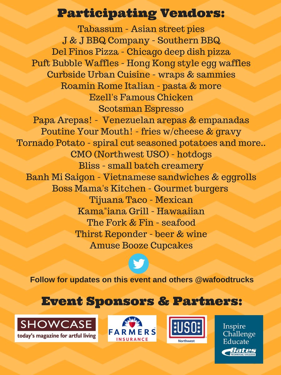 Big thank you to Bates Tech <a href="/BatesTechnical/">Bates Tech College</a> for joining our Sponsors <a href="/showcasemedia/">showcasemedia</a> <a href="/FarmersInsAgt/">FarmersInsurance</a> and supporting our event and advocacy efforts in representing our food truck industry, June event info here: facebook.com/events/1839653… <a href="/TMobile/">T-Mobile</a> <a href="/beinthekitchen/">beinthekitchen</a> <a href="/Sysco/">Sysco</a>