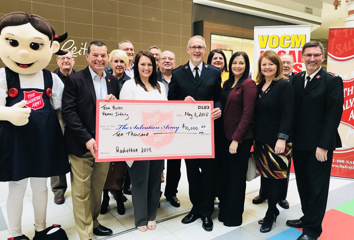 SalvationArmyNL's tweet photo. Thank you @jimburtonnl and the team @REMAXInfinity1 for your incredible donation of $10,000. We really appreciate all your support. #SANLRadiothon #NLHopes https://t.co/871e6rjf7K