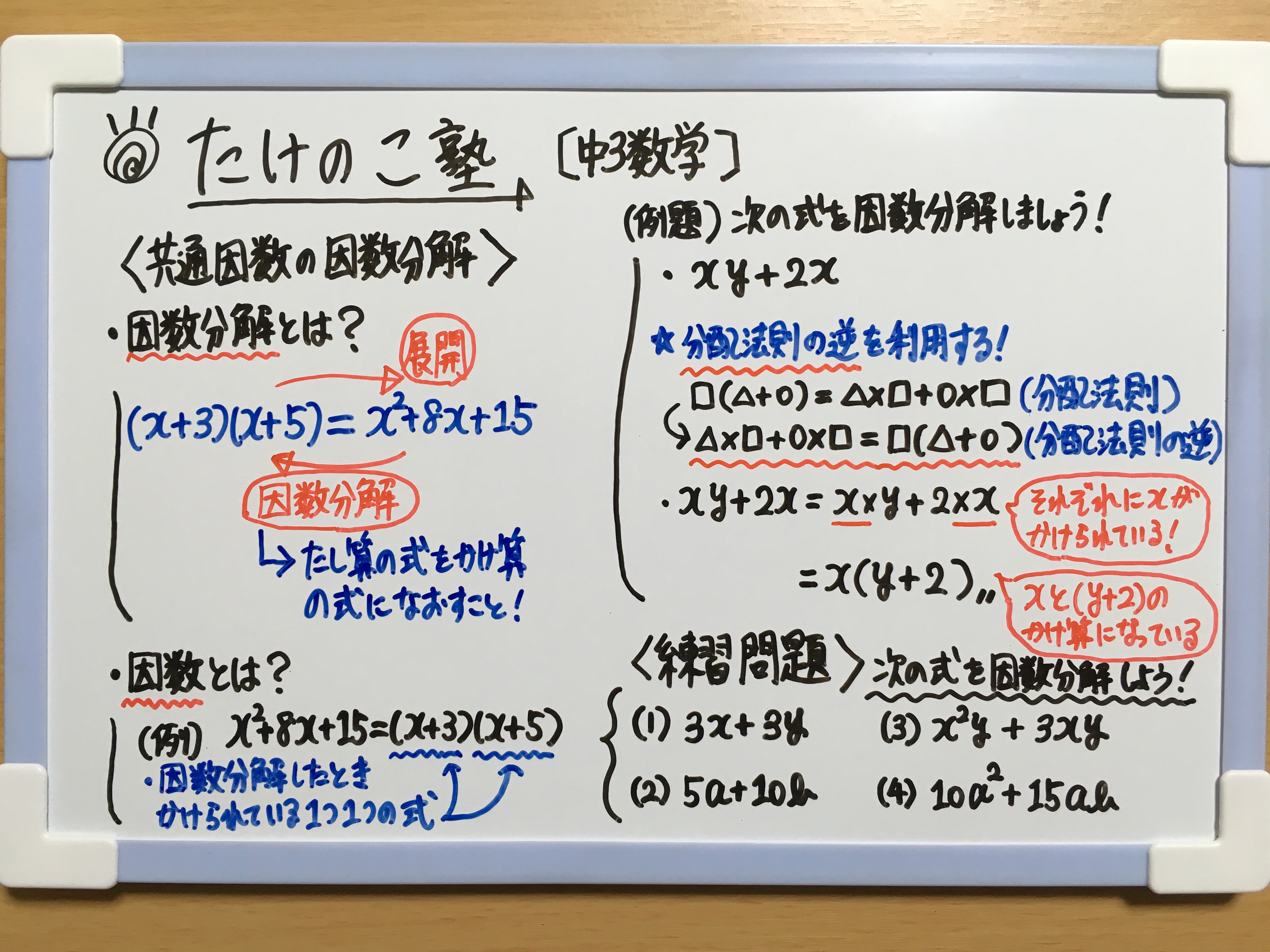 たけのこ塾 中3数学 今回は 共通因数の因数分解 の問題を作成しました 展開 の逆で たし算の式をかけ算の式になおすことを 因数分解 といいます 今回は分配法則を逆にして 共通因数により因数分解する問題です 詳しくは画像の解説をご覧