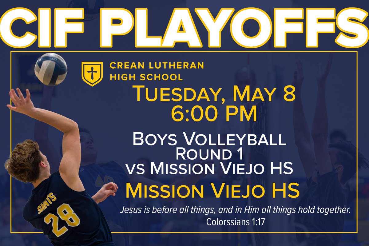 Crean Lutheran (@creanlutheranhs) on Twitter photo Boys volleyball plays in round 1 of <a href="/CIFSS/">CIF Southern Section</a> playoffs against Mission Viejo High School Tuesday night (May 8) at 6:00 p.m. at Mission Viejo High School! <a href="/ZoneBluezone/">The Blue Zone</a> Let's go cheer them on! "Jesus is before all things, and in Him all things hold together." Colossians 1:17 Boys volleyball plays in round 1 of <a href="/CIFSS/">CIF Southern Section</a> playoffs against Mission Viejo High School Tuesday night (May 8) at 6:00 p.m. at Mission Viejo High School! <a href="/ZoneBluezone/">The Blue Zone</a> Let's go cheer them on! "Jesus is before all things, and in Him all things hold together." Colossians 1:17
