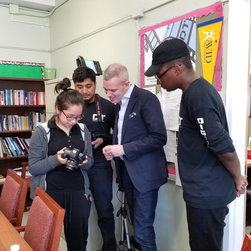 DigitalTechHS's tweet photo. DT cinema students share some brand new footage with Principal for a Day @mikedoyle212 @pencilorg #pfad2018 #digitaltechhs https://t.co/62qeTEmyex
