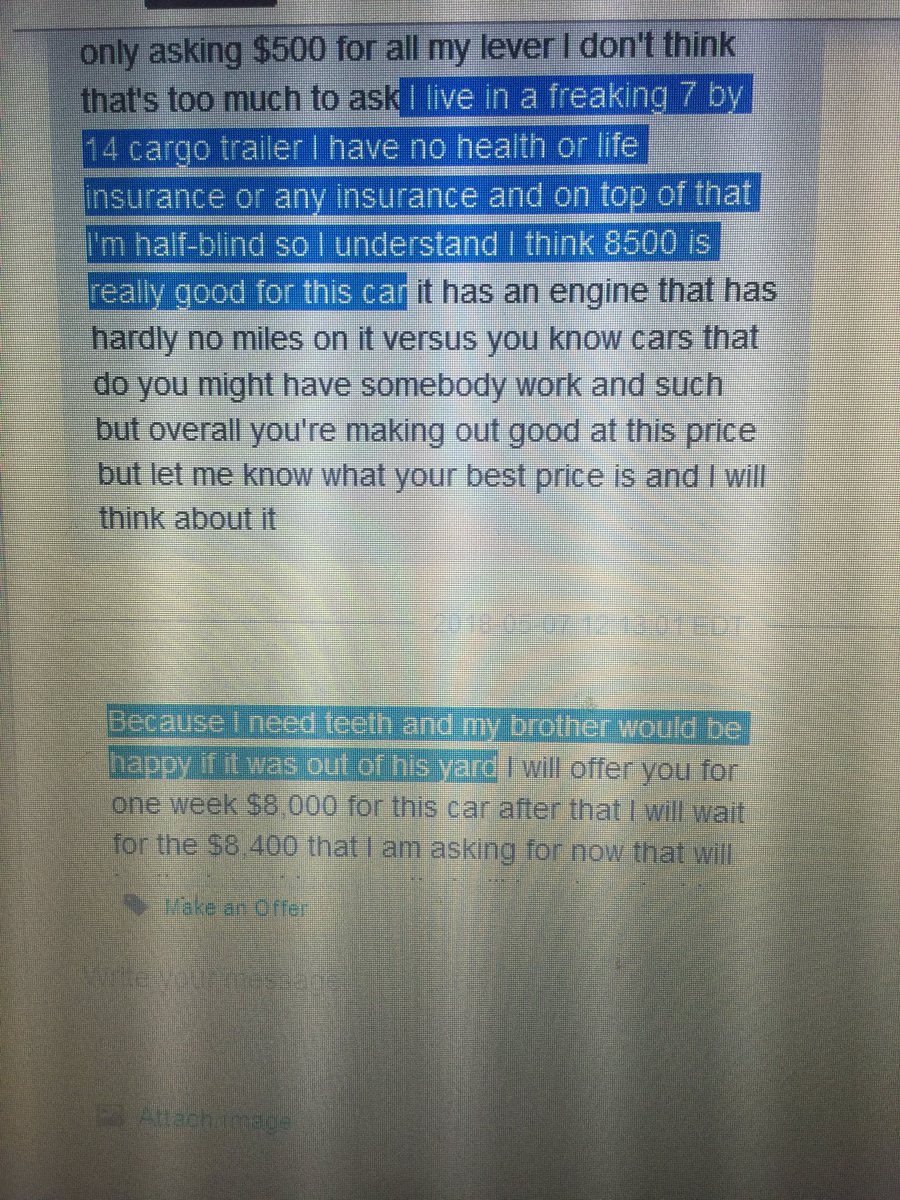 ScottSauerbeck's tweet photo. Trying to buy a VW Thing from a dude in key west who lives in a cargo trailer, has no insurance and is half-blind and needs teeth and parks his car in his brothers front yard. #thisistherealflorida https://t.co/lFWZImKxF5