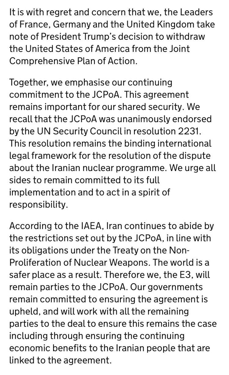 GermanyUN's tweet photo. Joint statement from German Chancellor Angela Merkel, French President @EmmanuelMacron and British Prime Minister @theresa_may following decision by @POTUS regarding #IranDeal https://t.co/cSthjSW6S5