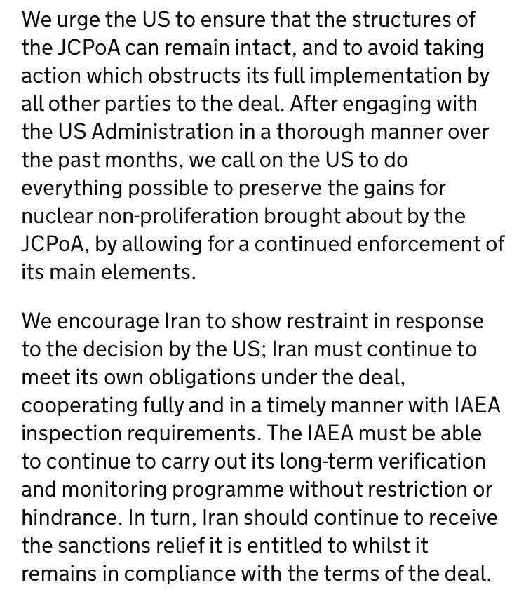 GermanyUN's tweet photo. Joint statement from German Chancellor Angela Merkel, French President @EmmanuelMacron and British Prime Minister @theresa_may following decision by @POTUS regarding #IranDeal https://t.co/cSthjSW6S5