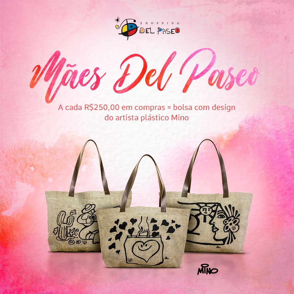 delpaseo's tweet photo. Compras de Dia das Mães? É aqui no Del Paseo! A cada R$250,00 em compras, você troca o cupom por uma bolsa colecionável com design exclusivo do artista plástico Mino. 💕 Confira o regulamento em nosso site. #DelPaseo #DiaDasMães #Mino #Promoção #Bolsa #Mãe https://t.co/AboAVKuGwV